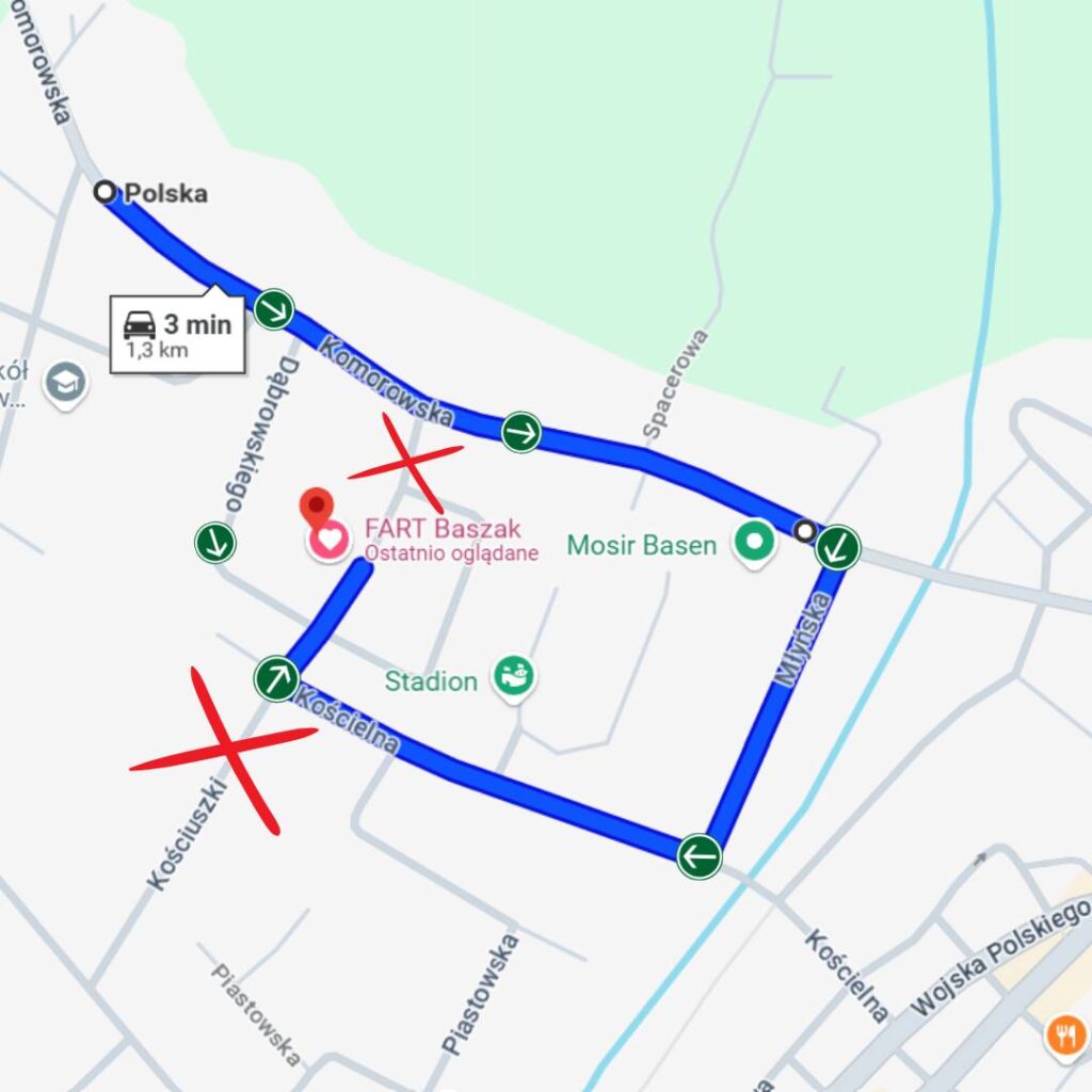 tymczasowa mapa dojazdu do firmy "FART" podczas prac budowlanych